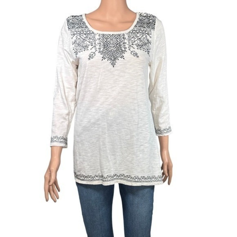 Lucky Brand Womens Ivory Black Embroidered Long Sleeve Tunic Top Large Boho Slub